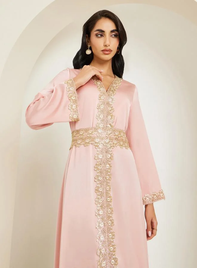 Amirah Women Peach Gold Embroidery Kaftan